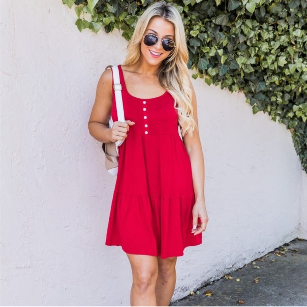 Pink Lily Tiered Knit Tank Red Babydoll 4th of July Dress Bohemian Casual Preppy